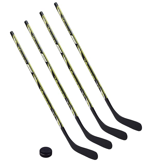 Ensemble Vancouver 2000 de quatre crosses de hockey enfant, noir et vert citron, avec un palet